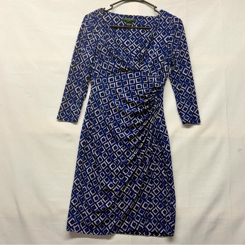 Ralph Lauren Ruched Blue Tan Jersey Social Dress 2P Empire Batiq